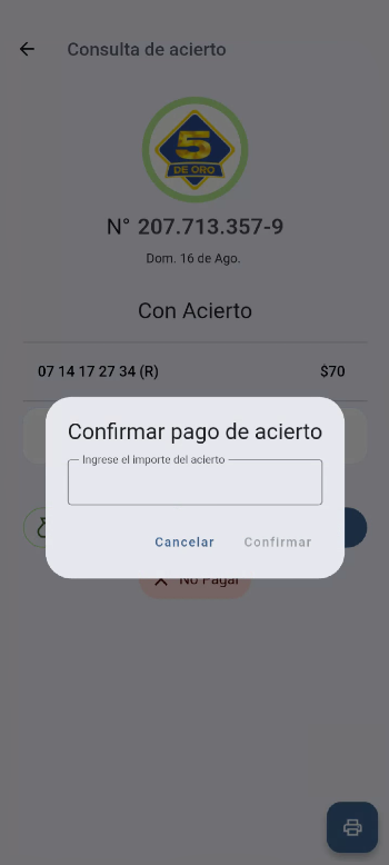 Cartel de confirmación para ingresar el importe del acierto